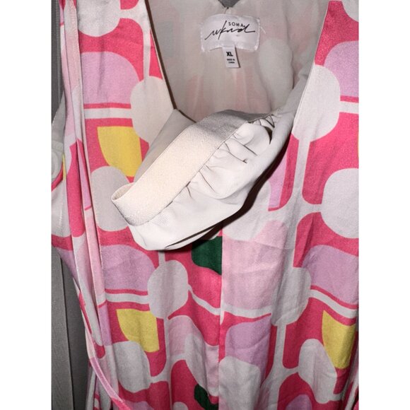 Soma Weekend Pink Geometric Maxi Dress V-Neck Tie Waist XL built in bra pockets - Picture 7 of 11